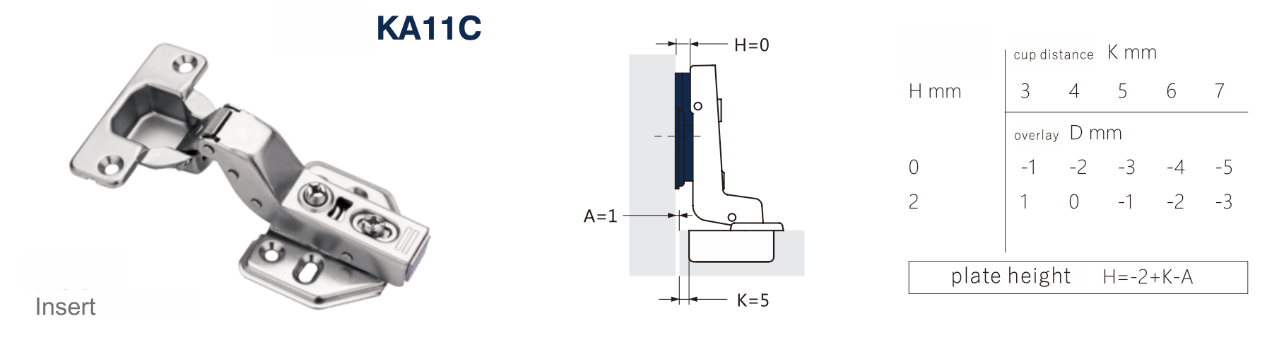 KA11C One-way hydraulic clip-on plate hinge
